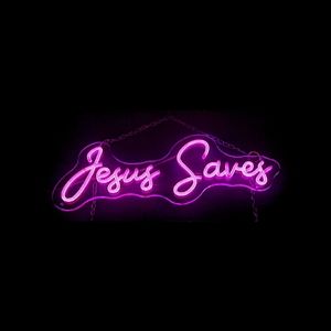 "Jesus Saves" pink neon light sign